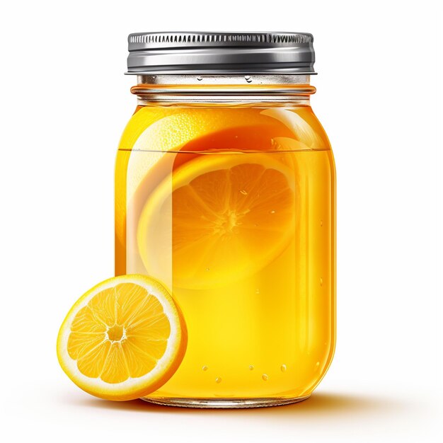 Delicious lemon juice in mason jar on white background