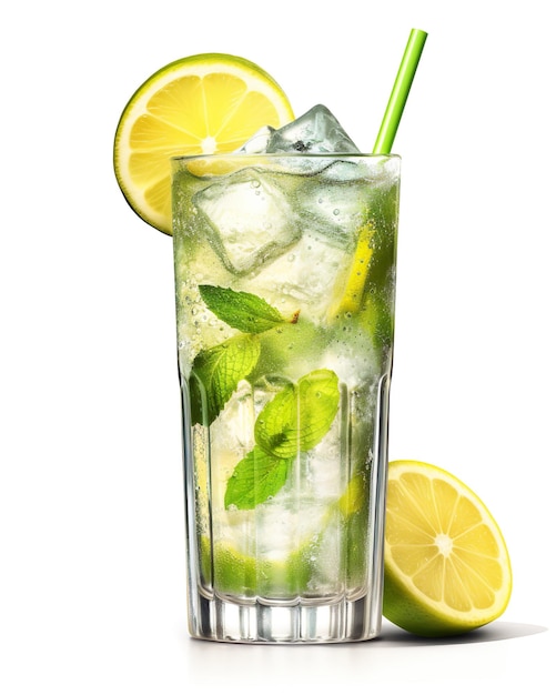 delicious lemonade in a glass filled with ice isolated on white background