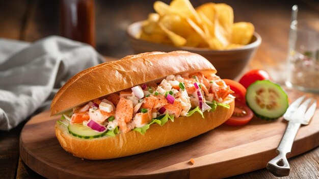 Photo delicious lobster roll sandwich served with a side of fries