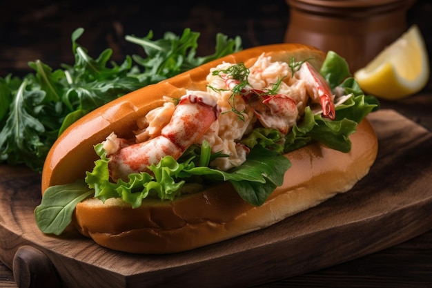 Delicious Lobster Roll with Buttery Texture and Tangy Flavors Served on a Rustic Wooden Platter