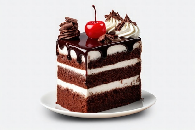 Вкусный вид черного лесного торта на белом фоне