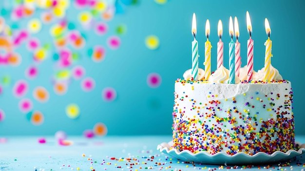 파란 테이블 에 5 개 의 불 이 켜진 맛있는 생일 케이크 가 앉아 있다