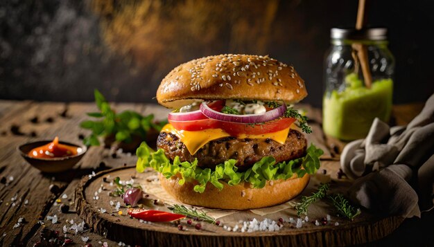 Photo delicious looking burger and greens