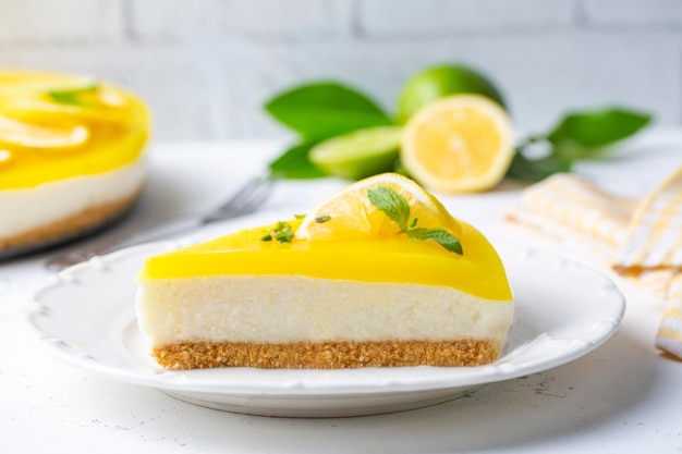 Delicious looking lemon cheesecake. Food concept photo.