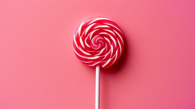 A delicious looking lollipop with a pink and white swirl design on a pink background