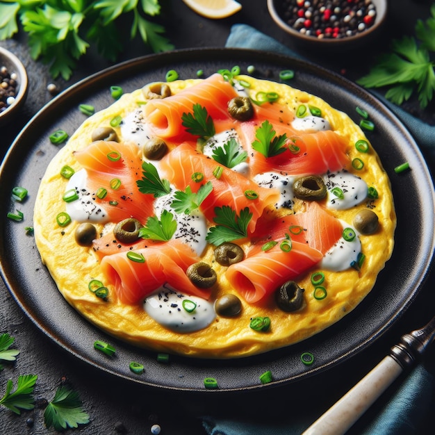 A delicious looking omelette on a black plate filled with creamy sauce and topped with slices o