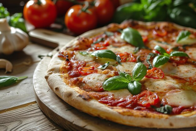 Delicious looking pizza on a wooden cutting board It is topped with pepperoni cheese