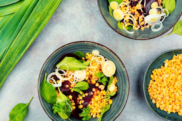 Delicious low calorie lentil salad top view