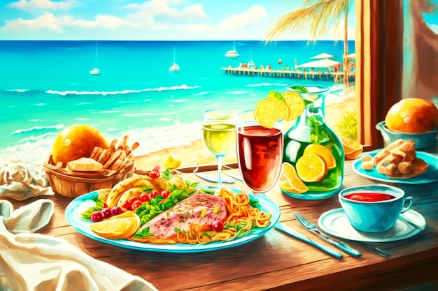 Delicious lunch in restaurant on coast of sea with fruits and drinks served table on beach