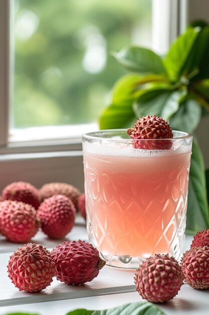 Photo delicious lychee juice on a white table closeup