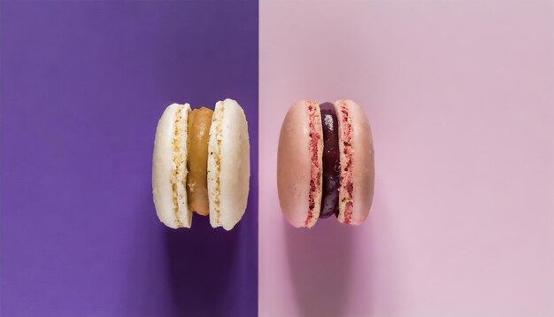 Delicious macarons in half pink and half purple background with copy space