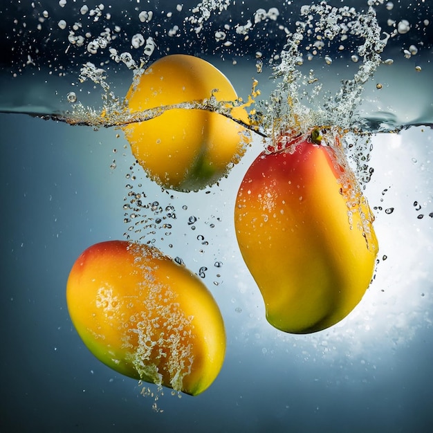 Delicious mangoes dipped in water and water droplets flying up