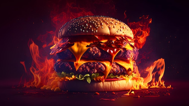 Foto delizioso hamburger di carne massiccia con fiamma, sfondo rosso
