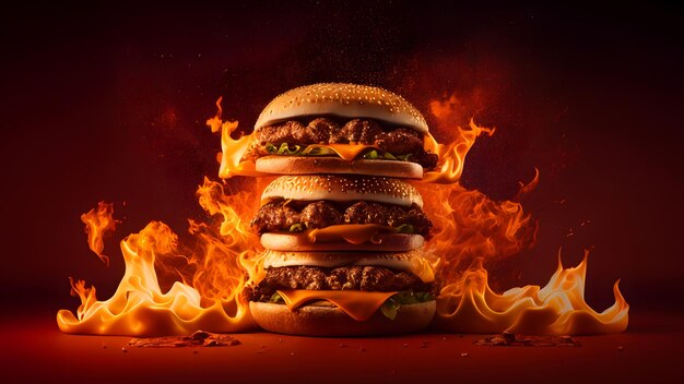 Delicious massive meat burger with flame, red background