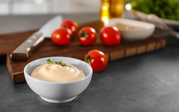Photo delicious mayonnaise in bowl with ingredients on kitchen table
