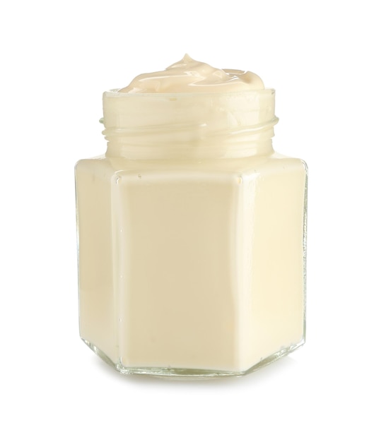 Delicious mayonnaise in jar isolated on white