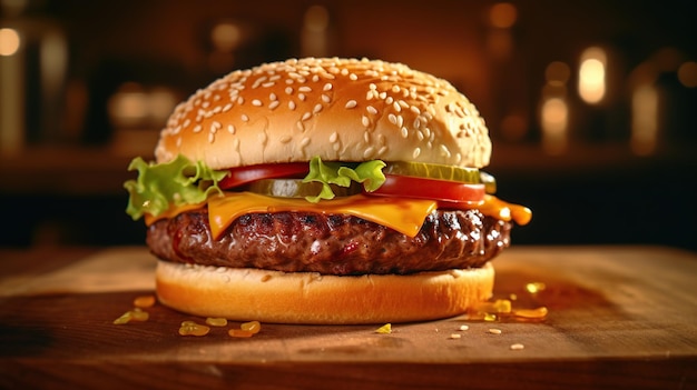 delicious meat burger with cheese and salad in the background