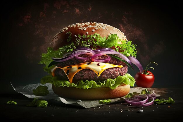 Delicious meat burger with cheese and salad on dark background