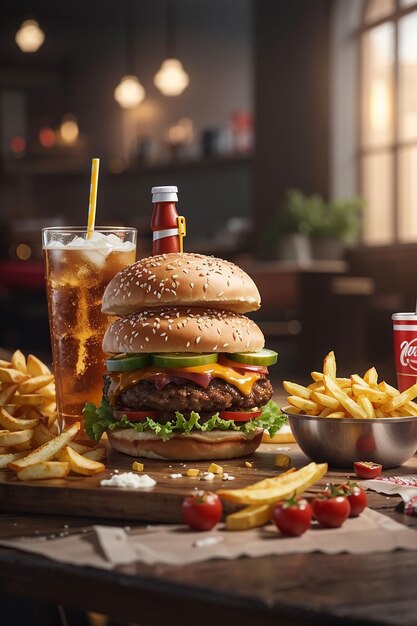 Delicious meat burger with tomatoes green and cheese salad