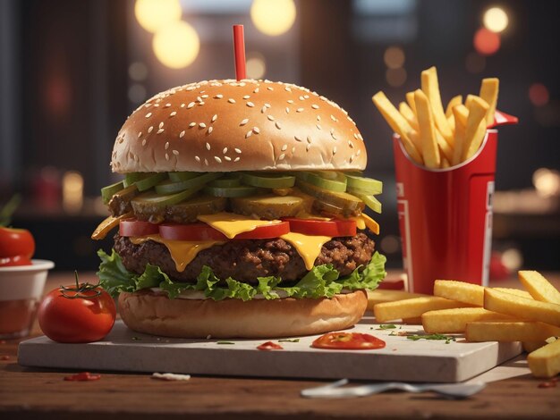 Delicious meat burger with tomatoes green and cheese salad