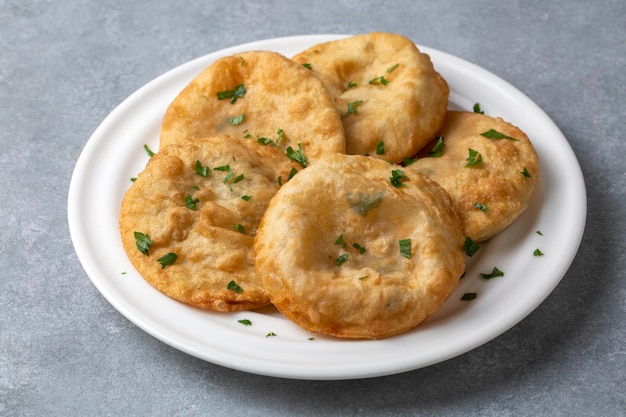 Delicious meat pie from Turkish cuisine. Fried handmade pies. Turkish name; fincan boregi or puf borek