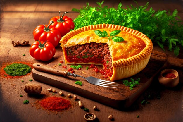 Delicious meat pie stuffed with minced meat with tomato sauce