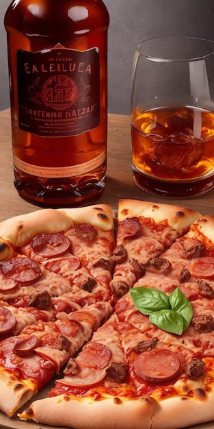 a delicious meat pizza accompanied with a glass of whiskey on the rocks