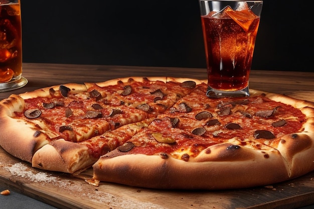 a delicious meat pizza accompanied with a glass of whiskey on the rocks