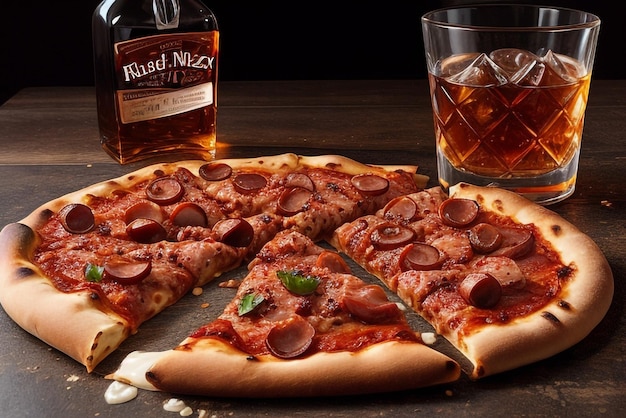 a delicious meat pizza accompanied with a glass of whiskey on the rocks