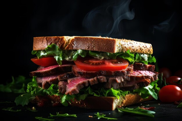 Delicious meat sandwich with tomatoes green