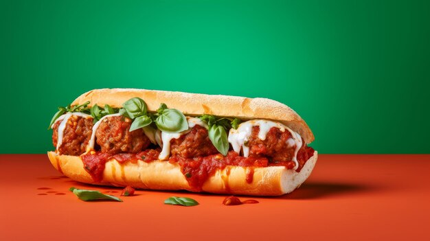 A delicious meatball sub sandwich rests on a vibrant red surface