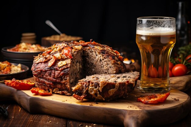 Photo a delicious meatloaf with a side of beer and vegetables