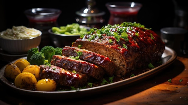 Foto delizioso panino di carne con topping di verdure nero e sfocato sullo sfondo