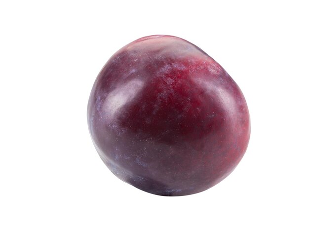 Delicious mellow purple plum fruit isolated on white background with copy space for text or images Clipping path Side view Closeup shot