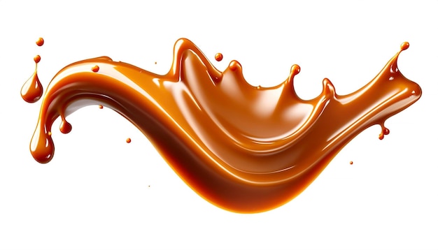 Delicious melted caramel texture Flow wave and drops splash caramels sauce Sweet food isolated on white background AI Generative