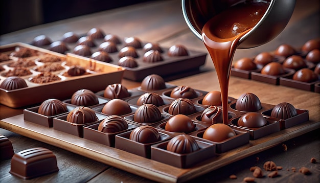 Foto delizioso liquido di cioccolato fuso che viene versato da una brocca di metallo su un vassoio