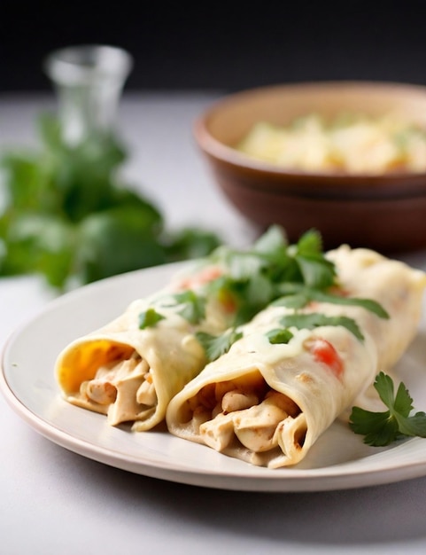 Delicious mexican enchiladas suizas with creamy chicken on white background