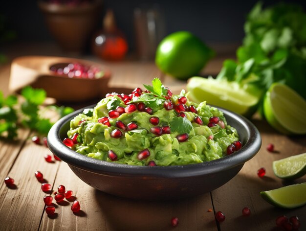 Delicious Mexican guacamole with vegetables nachos and greens Traditional food Mexican cuisine