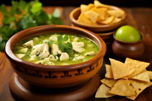 Delicious mexican pozole verde soup with chicken