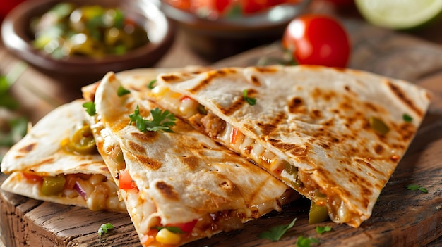 Photo a delicious mexican quesadilla with melted cheese peppers and onions it is served on a wooden cutting board with a side of salsa and guacamole