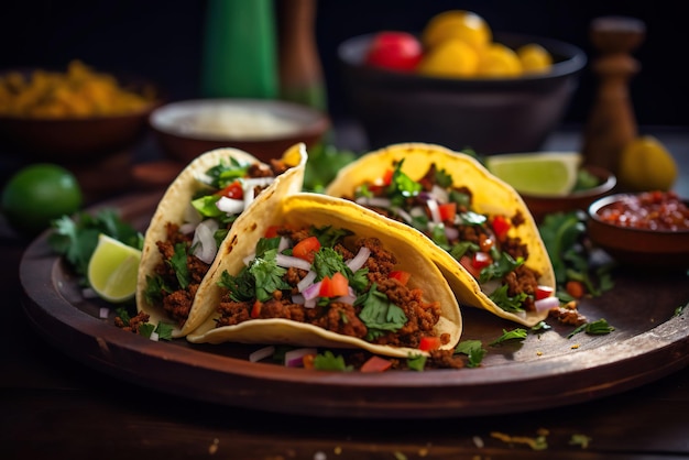 delicious mexican tacos on a wooden plate close up food advertising photography