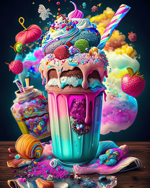 вкусный молочный коктейль со сладкими десертами и полноцветными соломками