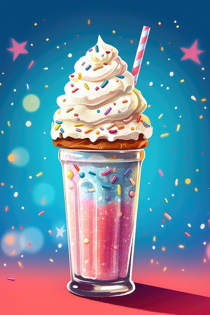Photo delicious milkshake in a tall glass with whipped cream and toppings