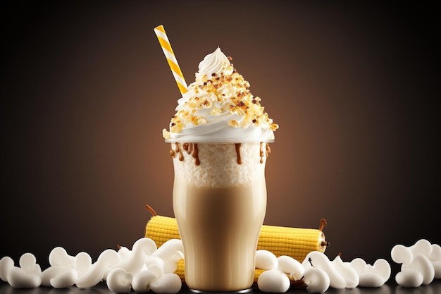 Photo delicious milkshake with bananas and caramel topped with whipped cream and popcorn on a dark brown background