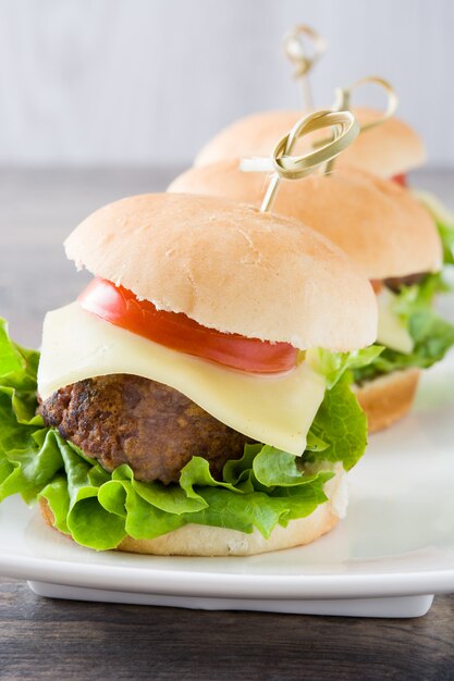 Delicious mini cheese burger on wooden table