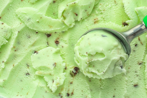 Delicious mint chocolate chip ice cream and scoop closeup