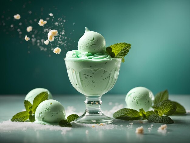 Delicious Mint gelato ice cream floating refreshing frozen dessert Cinematic advertising photogra