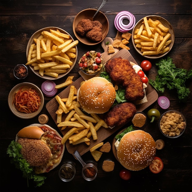 A delicious mix spicy foods pizza burger BBQ Sandwich Fries chicken wings