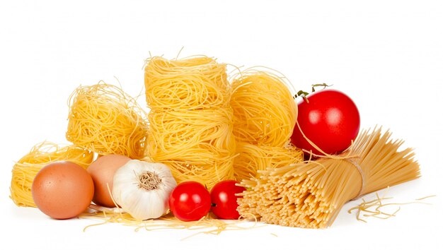 Delicious mixed pasta on white background