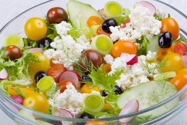 Delicious mixed salad with cucumber,tomatoes,black olives and feta cheese